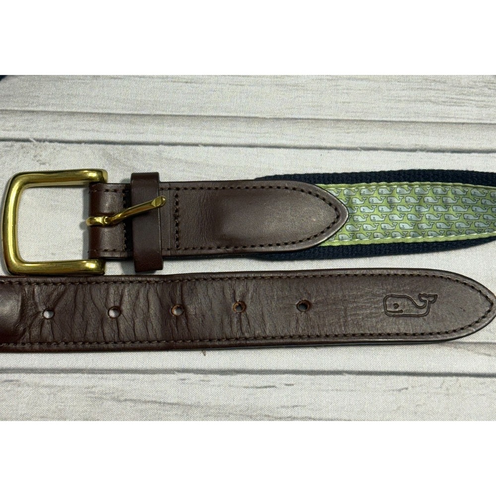 Vineyard Vines Belt Mens 30 Green Whale AOP Logo Leather Brass Buckle USA